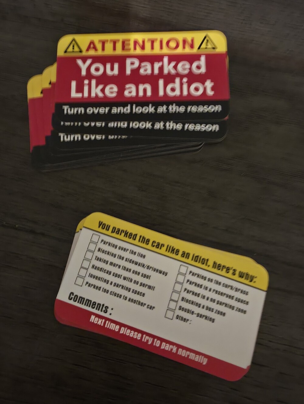 You Parked Like an Idiot Parking Notice Cards - Yellow Red Black